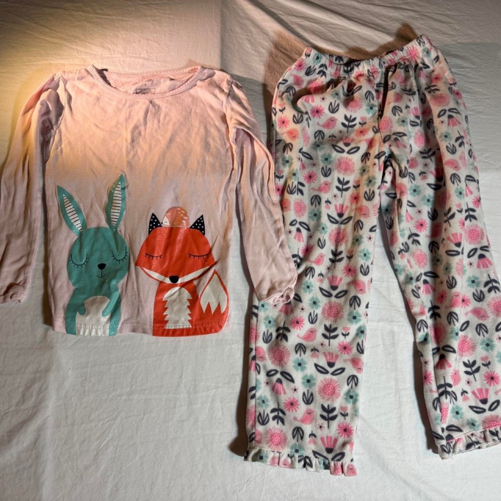 Pink and White Floral Pants with Animal Top Pajama Set